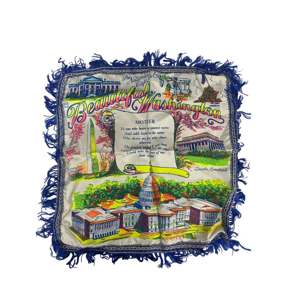 Vintage Washington DC Souvenir Pillow Case With Blue Fringe & Scenic Landmarks